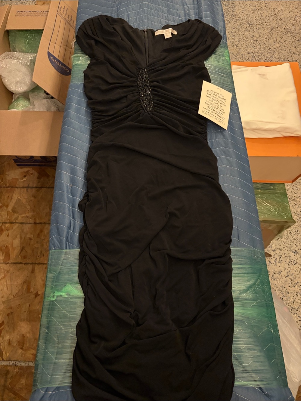 Boston Proper Black Ruched Midi Dress with Beaded Detail